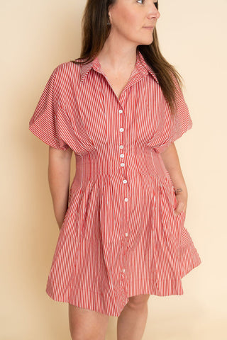 Monroe Pleated Striped Shirt Dress - Red - Wild Lavender Boutique