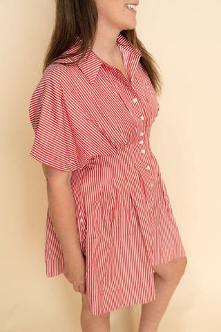 Monroe Pleated Striped Shirt Dress - Red - Wild Lavender Boutique