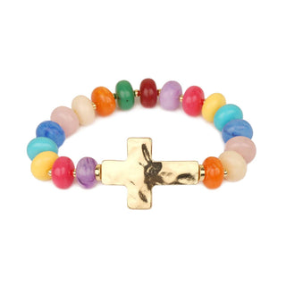 Multi Beaded Stretch Bracelets with Hammered Cross - Wild Lavender Boutique