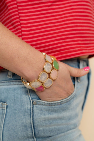 Multi Opal Square Stone and Gold Stretch Bracelet - Wild Lavender Boutique