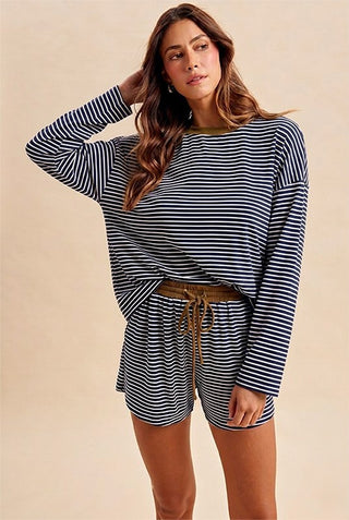 Striped Shorts and Long Sleeve Top Set - Navy