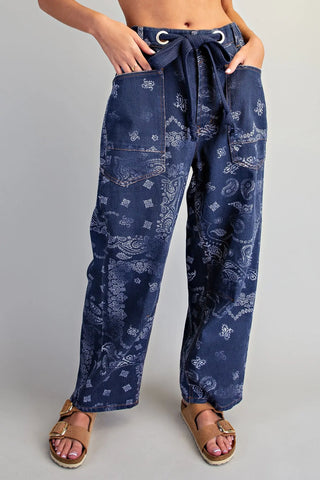 Aria Paisley Bandana Print Barrel Jeans - Midnight Blue