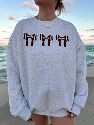 Pearl Grey Football Bows Game Day Embroider Sweatshirt - Wild Lavender Boutique