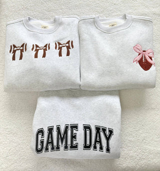 Pearl Grey Football Bows Game Day Embroider Sweatshirt - Wild Lavender Boutique