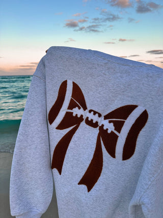 Pearl Grey Football Bows Game Day Embroider Sweatshirt - Wild Lavender Boutique