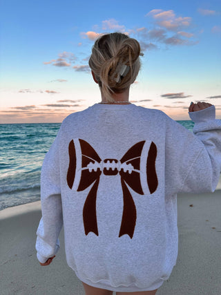 Pearl Grey Football Bows Game Day Embroider Sweatshirt - Wild Lavender Boutique