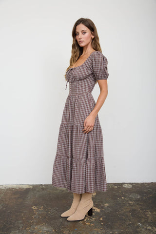 Penelope Plaid Midi Dress - Brown - Wild Lavender Boutique