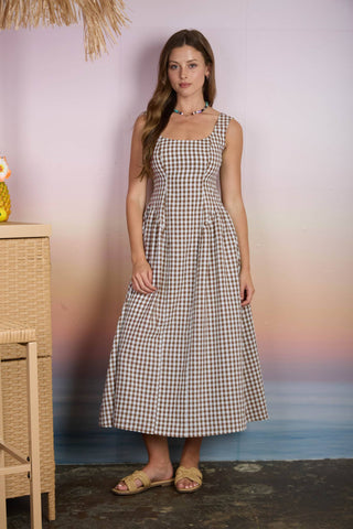 PLAID BASQUE WAIST SLEEVELESS MIDI DRESS - Wild Lavender Boutique