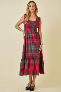 Plaid Smocked Bodice Midi Dress With Ruffle Hem
