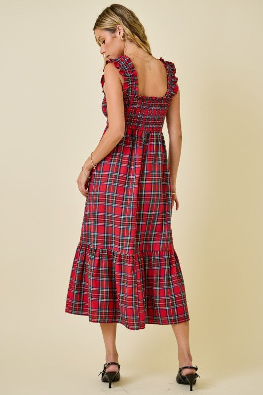 Plaid Smocked Bodice Midi Dress With Ruffle Hem