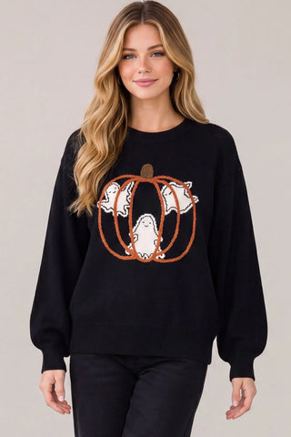 Pumpkin Embroidered Sweater - Black