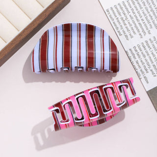 Retro Striped Print Semicircle Hair Claw Clip - Blue - Wild Lavender Boutique