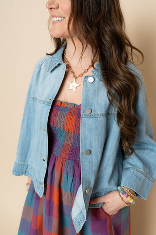 Risen Cropped Cape Jacket - Medium Wash - Wild Lavender Boutique