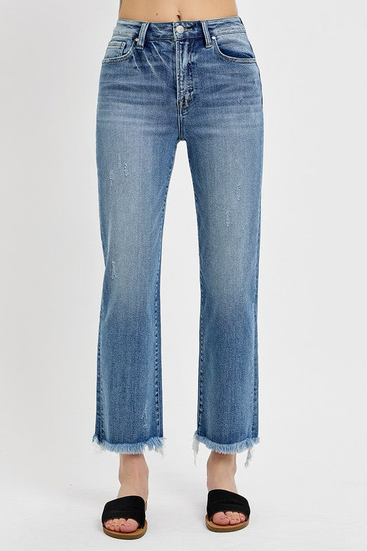 Risen Straight Frayed Hem Jeans