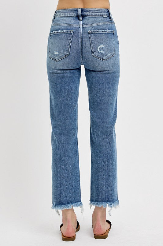Risen Straight Frayed Hem Jeans
