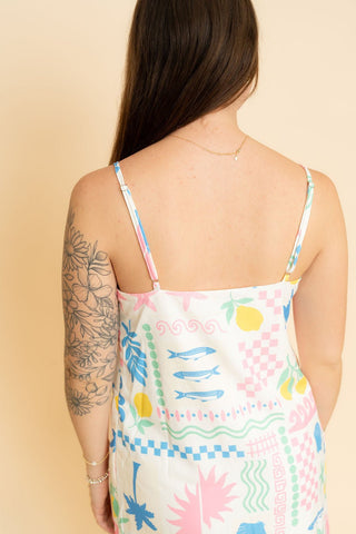 River Coastal Mini Dress - Sardine Print White Summer Sundress - Wild Lavender Boutique