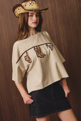 Rodeo Graphic Short Sleeve Top - Taupe - Wild Lavender Boutique