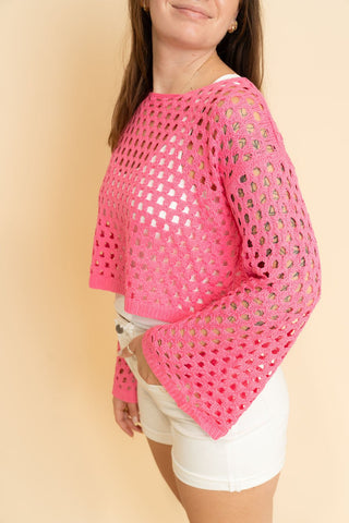 Sadie Crochet Long Sleeve Crop Top - Pink - Wild Lavender Boutique