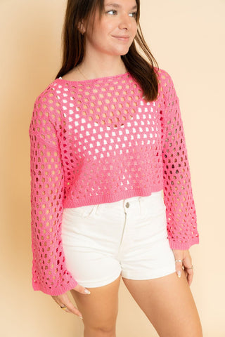 Sadie Crochet Long Sleeve Crop Top - Pink - Wild Lavender Boutique