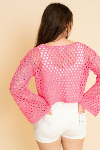 Sadie Crochet Long Sleeve Crop Top - Pink - Wild Lavender Boutique