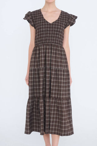Saylor Plaid Neck Midi Dress - Brown - Wild Lavender Boutique