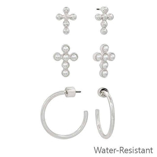 Set of 3 Silver Cross, Hoop, and Pearl Cross Earrings - Wild Lavender Boutique