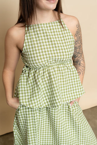 Sherry Gingham Babydoll Tank Top - Sage - Wild Lavender Boutique