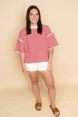 Stella Striped Oversized Knit Top - Red - Wild Lavender Boutique
