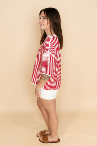 Stella Striped Oversized Knit Top - Red - Wild Lavender Boutique