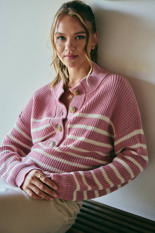 Weekend Escape Classic Striped Henley Sweater - Pink - Wild Lavender Boutique
