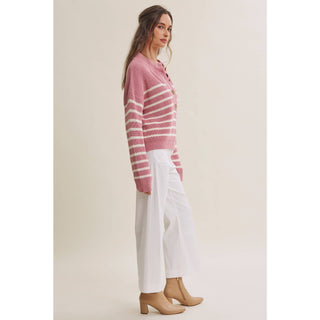 Weekend Escape Classic Striped Henley Sweater - Pink - Wild Lavender Boutique