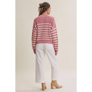 Weekend Escape Classic Striped Henley Sweater - Pink - Wild Lavender Boutique