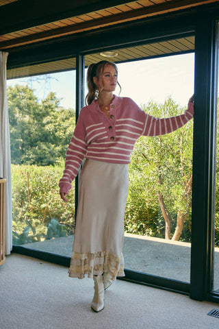 Weekend Escape Classic Striped Henley Sweater - Pink - Wild Lavender Boutique