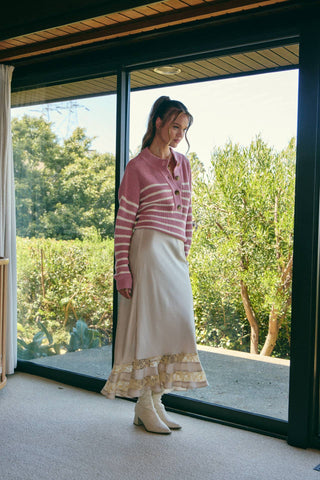 Weekend Escape Classic Striped Henley Sweater - Pink - Wild Lavender Boutique