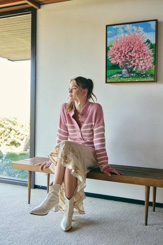 Weekend Escape Classic Striped Henley Sweater - Pink - Wild Lavender Boutique