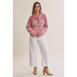 Weekend Escape Classic Striped Henley Sweater - Pink - Wild Lavender Boutique
