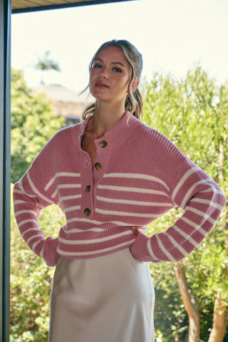 Weekend Escape Classic Striped Henley Sweater - Pink - Wild Lavender Boutique