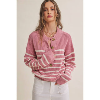 Weekend Escape Classic Striped Henley Sweater - Pink - Wild Lavender Boutique