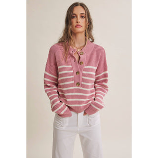 Weekend Escape Classic Striped Henley Sweater - Pink - Wild Lavender Boutique