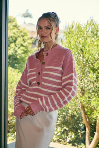 Weekend Escape Classic Striped Henley Sweater - Pink - Wild Lavender Boutique