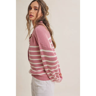 Weekend Escape Classic Striped Henley Sweater - Pink - Wild Lavender Boutique