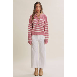 Weekend Escape Classic Striped Henley Sweater - Pink - Wild Lavender Boutique