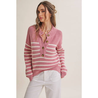Weekend Escape Classic Striped Henley Sweater - Pink - Wild Lavender Boutique