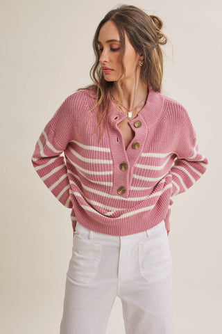 Weekend Escape Classic Striped Henley Sweater - Pink - Wild Lavender Boutique