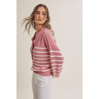 Weekend Escape Classic Striped Henley Sweater - Pink - Wild Lavender Boutique